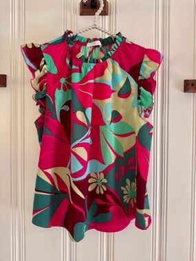 Ces Femme Bright Fuchsia and Teal Floral Ruffle Sleeve Top
